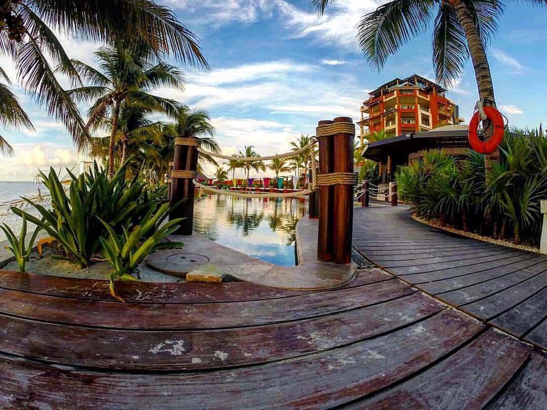 Palm-lined resort boardwalk and pool at sunrise
